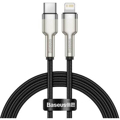 USB Type-C töltő- és adatkábel, Lightning, 25 cm, 20W, törésgátlóval, gyorstöltés, PD, cipőfűző minta, Baseus Cafule Metal, CATLJK-01, fekete