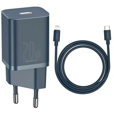 Hálózati töltő adapter, 20W, USB Type-C aljzat, USB Type-C - Lightning kábellel, gyorstöltés, PD, Baseus Si, kék