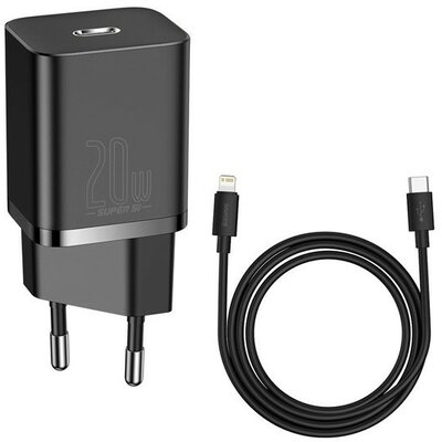 Hálózati töltő adapter, 20W, USB Type-C aljzat, USB Type-C - Lightning kábellel, gyorstöltés, PD, Baseus Si, fekete