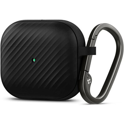 Bluetooth fülhallgató töltőtok tartó, szilikon, vezeték nélküli töltés támogatás, karabiner, karbon minta, Apple AirPods 3 kompatibilis, Spigen Core Armor, fekete