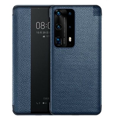 Huawei P40, Oldalra nyíló tok, valódi bőrtok, hívás mutatós, érdes felület, Smart View Cover, sötétkék (utángyártott)