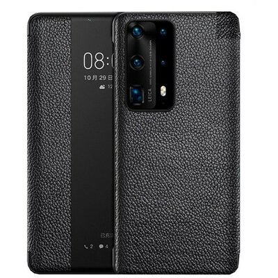 Huawei P40, Oldalra nyíló tok, valódi bőrtok, hívás mutatós, érdes felület, Smart View Cover, fekete (utángyártott)