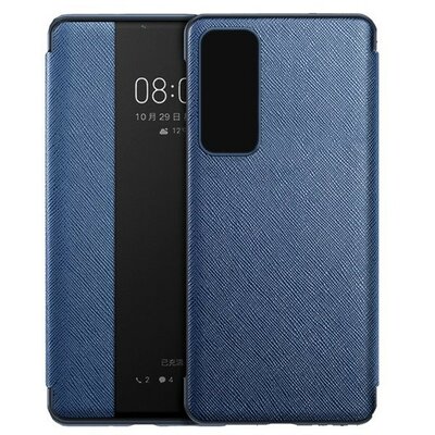 Huawei P40, Oldalra nyíló tok, bőrhatású, hívás mutatós, textil minta, View Window, kék