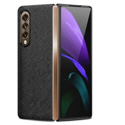 Samsung Galaxy Z Fold3 5G SM-F926B, Szilikon védőkeret + műanyag hátlap, közepesen ütésálló, bőrrel bevont hátlap, textil minta, fekete