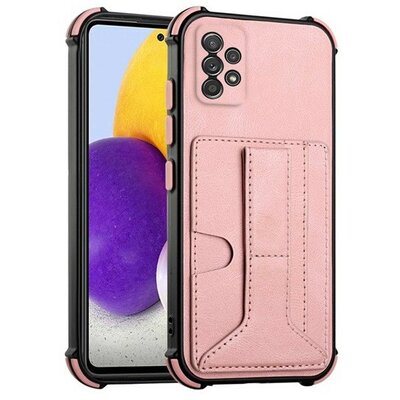 Samsung Galaxy A72 / A72 5G SM-A725F / A726B, Szilikon tok, közepesen ütésálló, stand, bőrhatású hátlap, kártyatartóval, kézpánttal, vörösarany