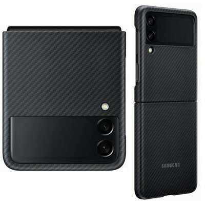 Samsung Galaxy Z Flip3 5G SM-F711B, Műanyag hátlap védőtok, Aramid - Kevlár bevonat, karbon minta, fekete, gyári