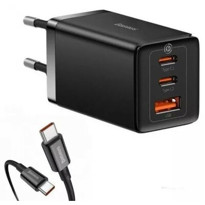 Hálózati töltő adapter, 65W, USB aljzat, 2 x USB Type-C aljzat, USB Type-C - USB Type-C kábellel, gyorstöltés, PD 3.0, QC 3.0, GaN5, Baseus GaN5 Pro, fekete