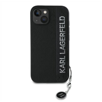 Karl Lagerfeld PU Saffiano Rhinestone Charm Apple iPhone 15 hátlap tok, fekete