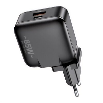 AWEI PD55-EU AWEI PD55-EU hálózati töltő USB+Type-C aljzat (65W, GaN, PD gyorstöltő) FEKETE