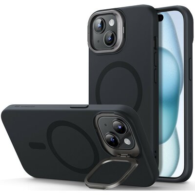 Apple iPhone 15 Plus, Szilikon tok, közepesen ütésálló, légpárnás sarok, kitámasztóval, Magsafe kompatibilis, ESR Cloud Soft Stash Stand HaloLock, fekete