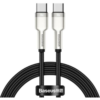 USB Type-C töltő- és adatkábel, USB Type-C, 100 cm, 5000 mA, 100W, gyorstöltés, PD, cipőfűző minta, Baseus Cafule Metal, CATJK-C01, fekete