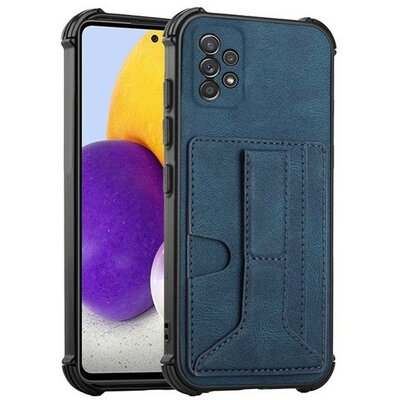 Samsung Galaxy A72 / A72 5G SM-A725F / A726B, Szilikon tok, közepesen ütésálló, stand, bőrhatású hátlap, kártyatartóval, kézpánttal, sötétkék