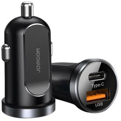 Autós töltő, Szivargyújtós töltő, 30W, 1 x USB aljzat, 1 x USB Type-C aljzat, gyorstöltés, QC 3.0, PD, Joyroom C-A08, fekete