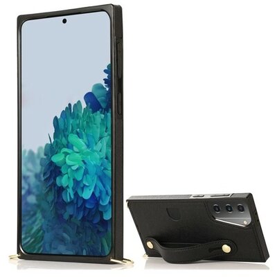 Samsung Galaxy S21 Plus 5G SM-G996, Szilikon tok, közepesen ütésálló, stand, bőrhatású hátlap, vállpánttal, kézpánttal, fekete