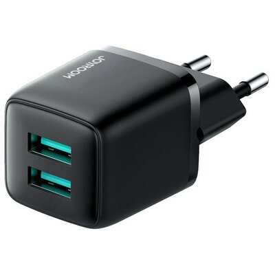 Hálózati töltő adapter, 12W, 2 x USB aljzat, gyorstöltés, Joyroom Mini Dual, L-2A121, fekete