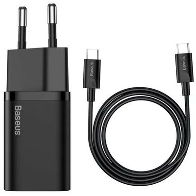 Hálózati töltő adapter, 25W, USB Type-C aljzat, USB Type-C kábellel, gyorstöltés, PD 3.0, QC 3.0, Baseus, fekete