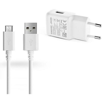 Hálózati töltő adapter, 5V / 2000mA, USB aljzat, microUSB kábellel, gyorstöltés, Samsung, fehér, gyári