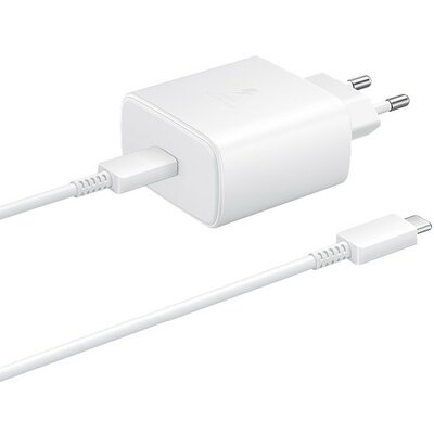 Hálózati töltő adapter, 45W, USB Type-C aljzat, USB Type-C kábellel, PD 3.0, QC 2.0, gyorstöltés, Samsung, fehér, gyári