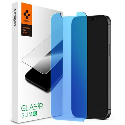 Apple iPhone 12 Pro Max, Kijelzővédő fólia, ütésálló fólia (az íves részre is!), Tempered Glass (edzett üveg), Spigen Glastr Slim HD Anti Blue, Clear