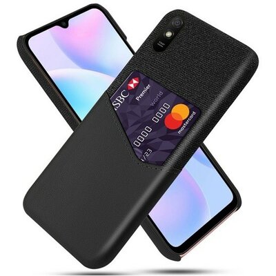 Xiaomi Redmi 9A / 9AT / 9i, Műanyag hátlap védőtok, közepesen ütésálló, textil bevonat, bőrhatású hátlap, kártyatartóval, fekete