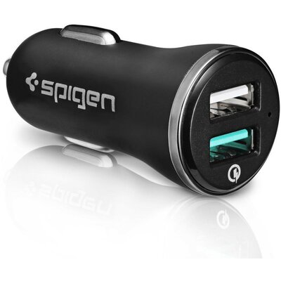 Autós töltő, Szivargyújtós töltő, 5V / 2400mA, 2 x USB aljzat, gyorstöltés, QC 3.0, LED-es, Spigen Essential, F271QC, fekete