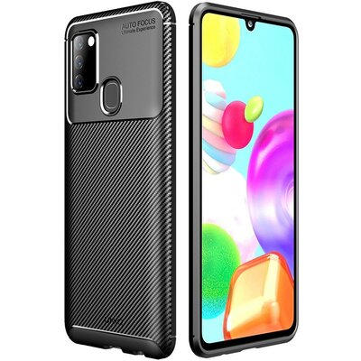 Samsung Galaxy A21s SM-A217F, Szilikon tok, közepesen ütésálló, légpárnás sarok, karbon minta, Uniq Hexa, fekete