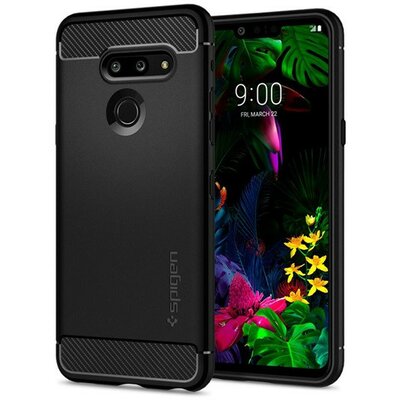 LG G8 ThinQ G820Q, Szilikon tok, Spigen Rugged Armor, karbon minta, fekete