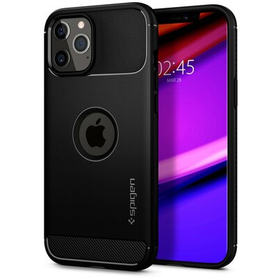 Apple iPhone 12 / 12 Pro, Szilikon tok, Spigen Rugged Armor, karbon minta, fekete