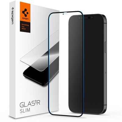 Apple iPhone 12 Pro Max, Kijelzővédő fólia, ütésálló fólia (az íves részre is!), Tempered Glass (edzett üveg), 3D Full Cover, Spigen Glastr Slim HD Full Cover, fekete