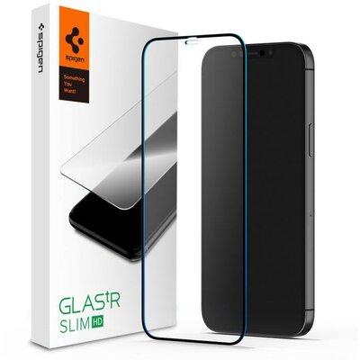 Apple iPhone 12 / 12 Pro, Kijelzővédő fólia, ütésálló fólia (az íves részre is!), Tempered Glass (edzett üveg), 3D Full Cover, Spigen Glastr Slim HD Full Cover, fekete