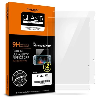 Nintendo Switch, Kijelzővédő fólia, (az íves részre NEM hajlik rá!), Tempered Glass (edzett üveg), Spigen Glastr Slim, Clear, 2 db / csomag