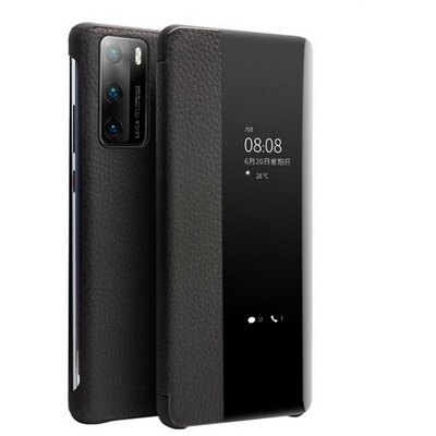 Huawei P40, Oldalra nyíló tok, valódi bőrtok, hívás mutatós, érdes felület, View Window, Qialino, fekete