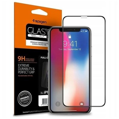 Apple iPhone XR / 11, Kijelzővédő fólia, ütésálló fólia (az íves részre is!), Tempered Glass (edzett üveg), 3D Full Cover, tok barát, Spigen Glastr Slim HD, fekete