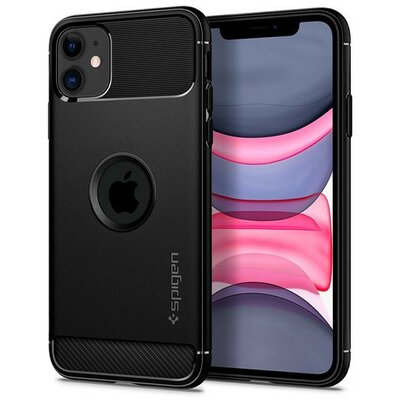 Apple iPhone 11, TPU szilikon tok, Spigen Rugged Armor, karbon minta, fekete