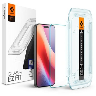 Apple iPhone 16 Pro, Kijelzővédő fólia, ütésálló fólia (az íves részre is!), Tempered Glass (edzett üveg), Spigen Ez Fit, Clear, 2 db / csomag