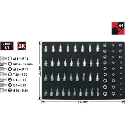 Vigor Dugókulcs bit betét készlet 1/2 (12,5 mm), 1/4 (6,3 mm), 3/8 (10 mm) 64 részes V2837