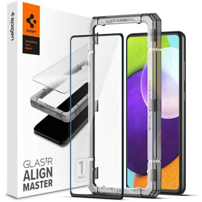 Samsung Galaxy A52 / A52 5G / A52s 5G SM-A525F / A526B / A528B, Kijelzővédő fólia, ütésálló fólia (az íves részre is!), Tempered Glass (edzett üveg), Full Cover, Spigen Glastr Alignmaster, fekete