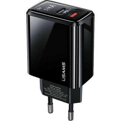 Hálózati töltő adapter, 20W, USB aljzat, USB Type-C aljzat, gyorstöltés, PD, QC 3.0, Digitális töltés kijelzővel, Usams T40, fekete