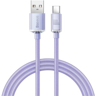 USB töltő- és adatkábel, USB Type-C, 200 cm, 5000 mA, 100W, gyorstöltés, PD, cipőfűző minta, Baseus Crystal Shine, CAJY000505, lila