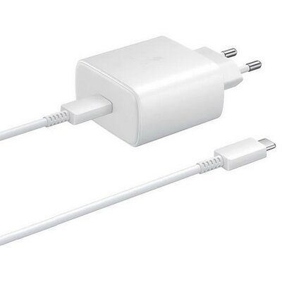 Hálózati töltő adapter, 65W, USB Type-C aljzat, USB Type-C - USB Type-C kábellel, PD, gyorstöltés, Samsung, fehér, gyári