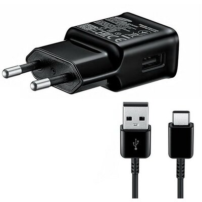 Hálózati töltő adapter, 5V / 2000mA, USB aljzat, USB Type-C kábellel, gyorstöltés, Samsung, fekete, gyári