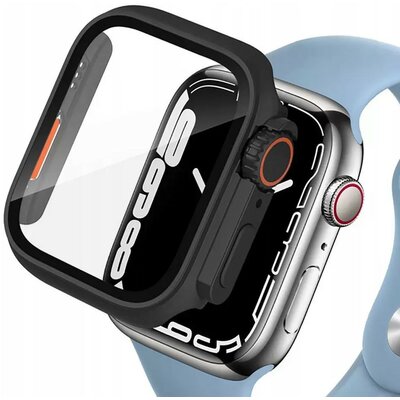 Apple Watch 7-9 (45mm), Műanyag védőkeret, kijelzővédő üveggel, szíj nélkül, TP Defense360, fekete/narancs