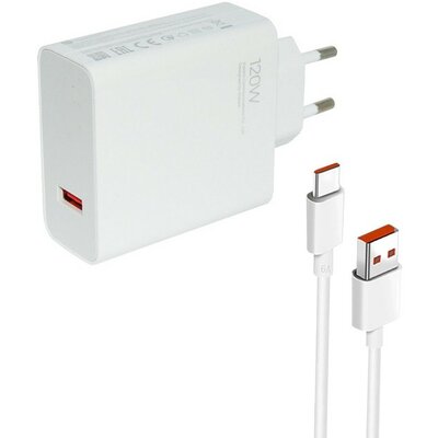 Hálózati töltő adapter, 120W, USB aljzat, USB Type-C kábellel, gyorstöltés, PD, Xiaomi, fehér, gyári