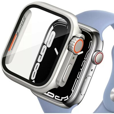 Apple Watch 4-6, SE, SE (2022) (44 mm), Műanyag védőkeret, kijelzővédő üveggel, szíj nélkül, TP Defense360, titán/narancs