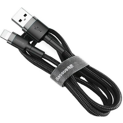 USB töltő- és adatkábel, Lightning, 50 cm, 2400 mA, törésgátlóval, gyorstöltés, cipőfűző minta, Baseus Cafule, CALKLF-AG1, fekete/szürke