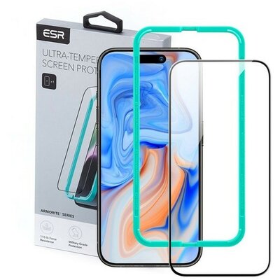 Apple iPhone 15 Plus / 16 Plus, Kijelzővédő fólia, ütésálló fólia (az íves részre is!), Tempered Glass (edzett üveg), segéd kerettel, ESR Armorite, fekete