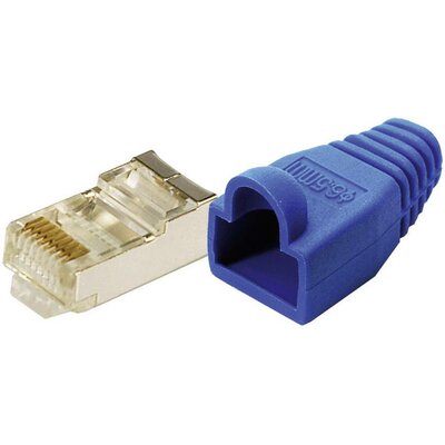 8 pólusú RJ45 csatlakozó dugó törésgátlóval CAT5e, árnyékolt, 100 db, kék, LogiLink MP0014