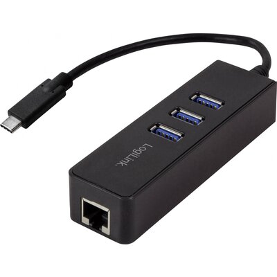 LogiLink USB 3.0 Átalakító [1x USB 3.0 dugó, C típus - 1x RJ45 alj, USB 3.2 Gen 1 A alj] USB-C 3-Port Hub with Gigabit Ethernet 14.00 cm