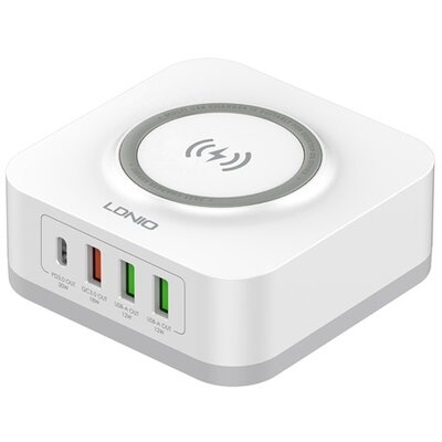 LDNIO AW004 LDNIO hálózati töltő állomás 3 USB+Type-C aljzat (15W, PD gyorstöltő, wireless) FEHÉR