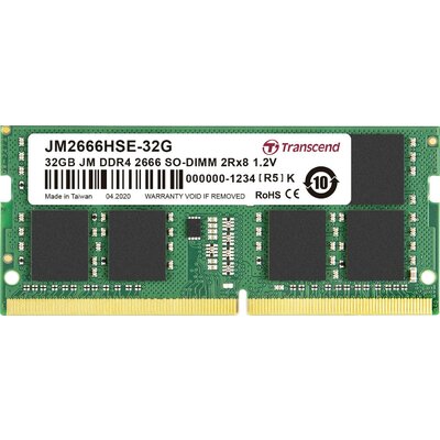 Transcend JetRAM Laptop munkamemória modul DDR4 32 GB 1 x 32 GB Non-ECC 2666 MHz 260pin SO-DIMM CL19 JM2666HSE-32G